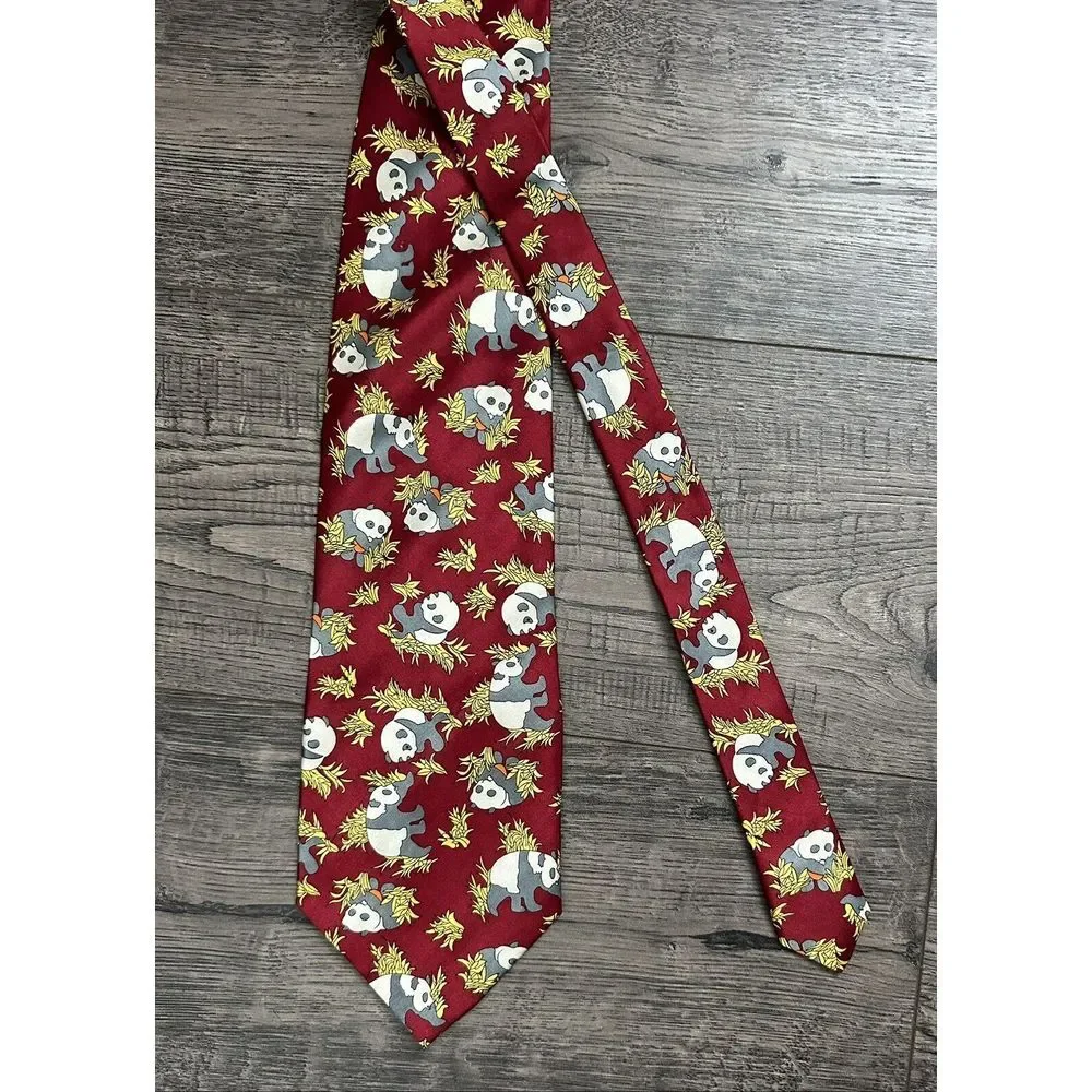 Kai Long  Panda Tie 100% Silk Hand‎ Made Burgundy Neck Tie